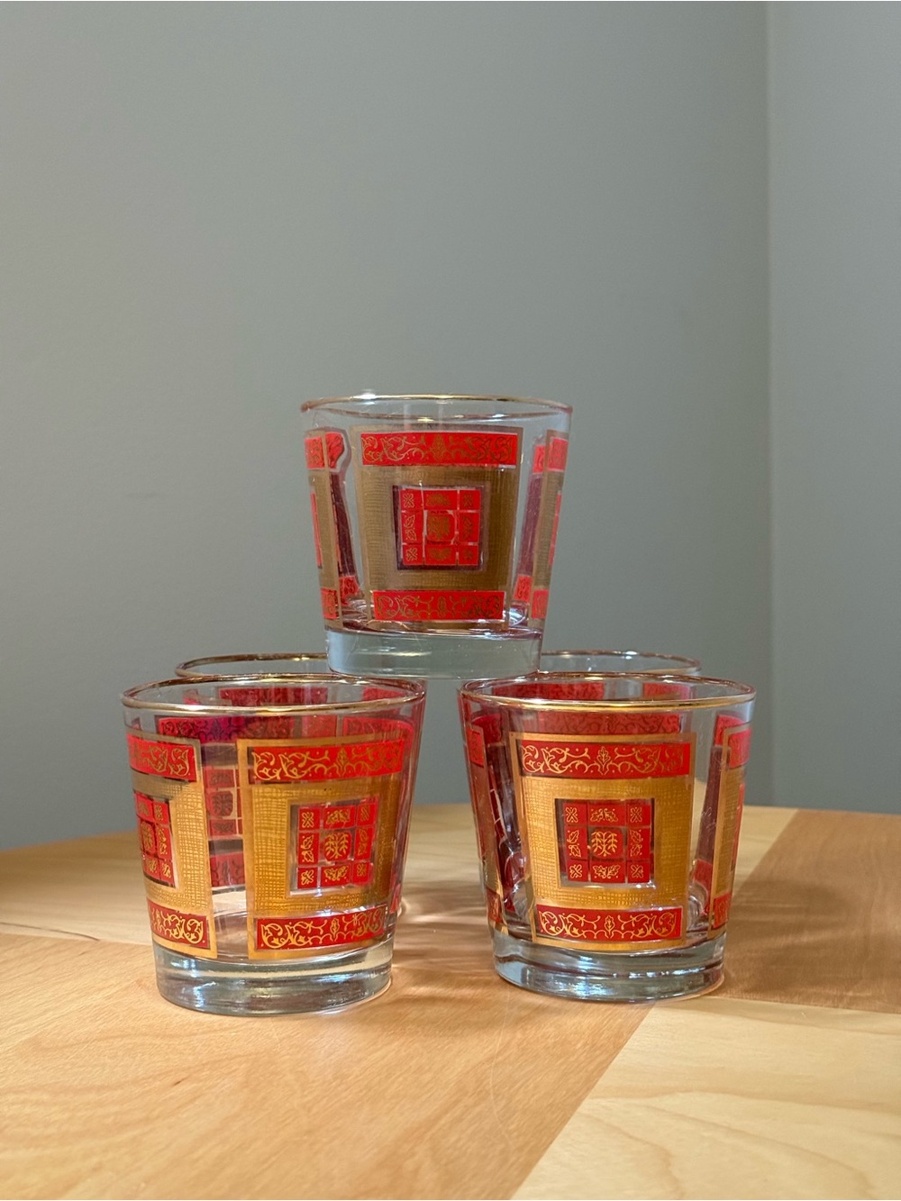 Set of 5 Libbey Lowball Glasses c1960s Red & 22/24K Gold Gilt Vintage Barware